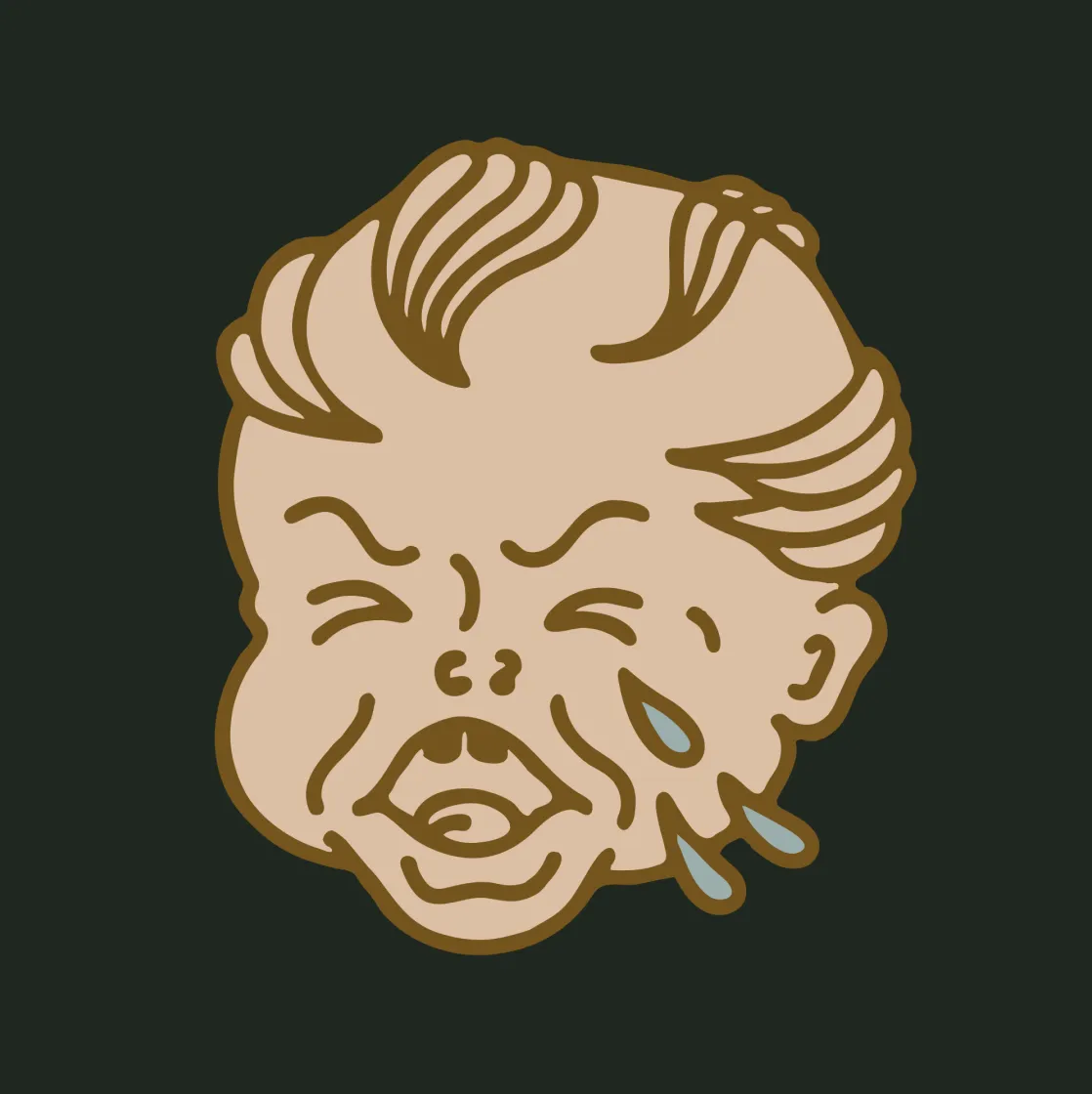 Unbound Collective crying baby mascot illustration in sand and amber on dark green background, mascot and character design by Unbound Collective