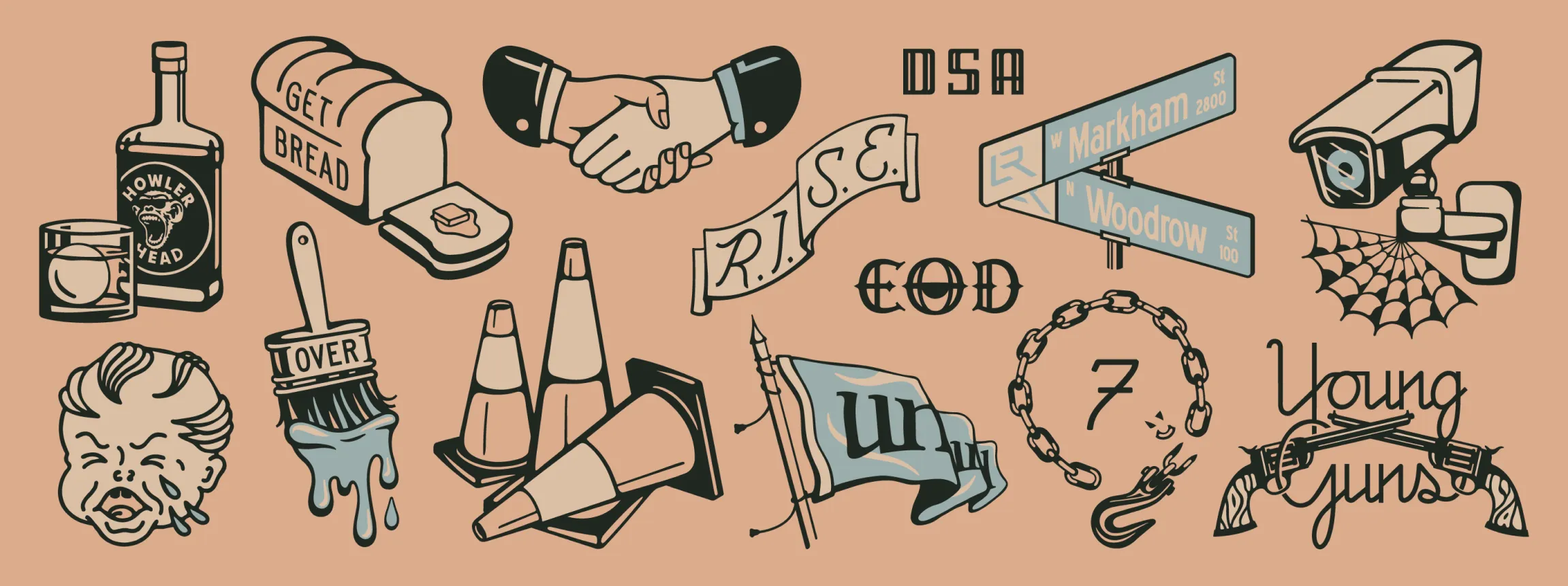 Unbound Collective tattoo-style flash sheet featuring illustrated icons including bread loaf, handshake, traffic cones, street signs, and mascot heads in teal and sand, illustration by Unbound Collective
