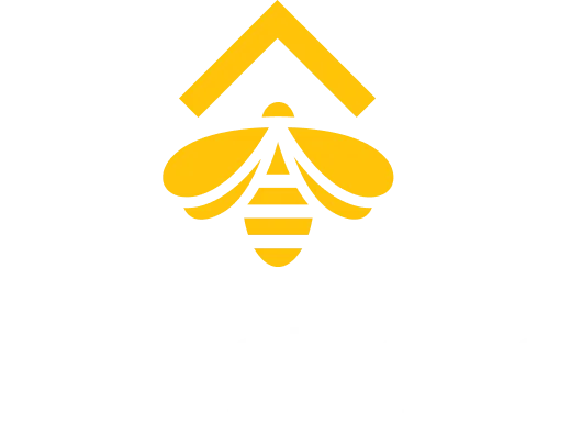 Bumble Roofing logo featuring a golden bee and roofline icon with white wordmark on dark background, brand identity design by Unbound Collective