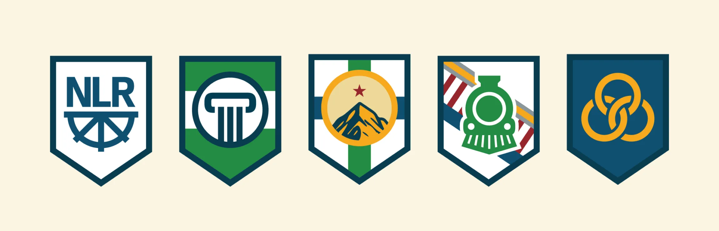 Set of five illustrated Ski Brothers HVAC service-area badge icons, including an NLR wheel emblem, a column, a mountain with a star, a vintage train, and interlocking rings, web design by Unbound Collective