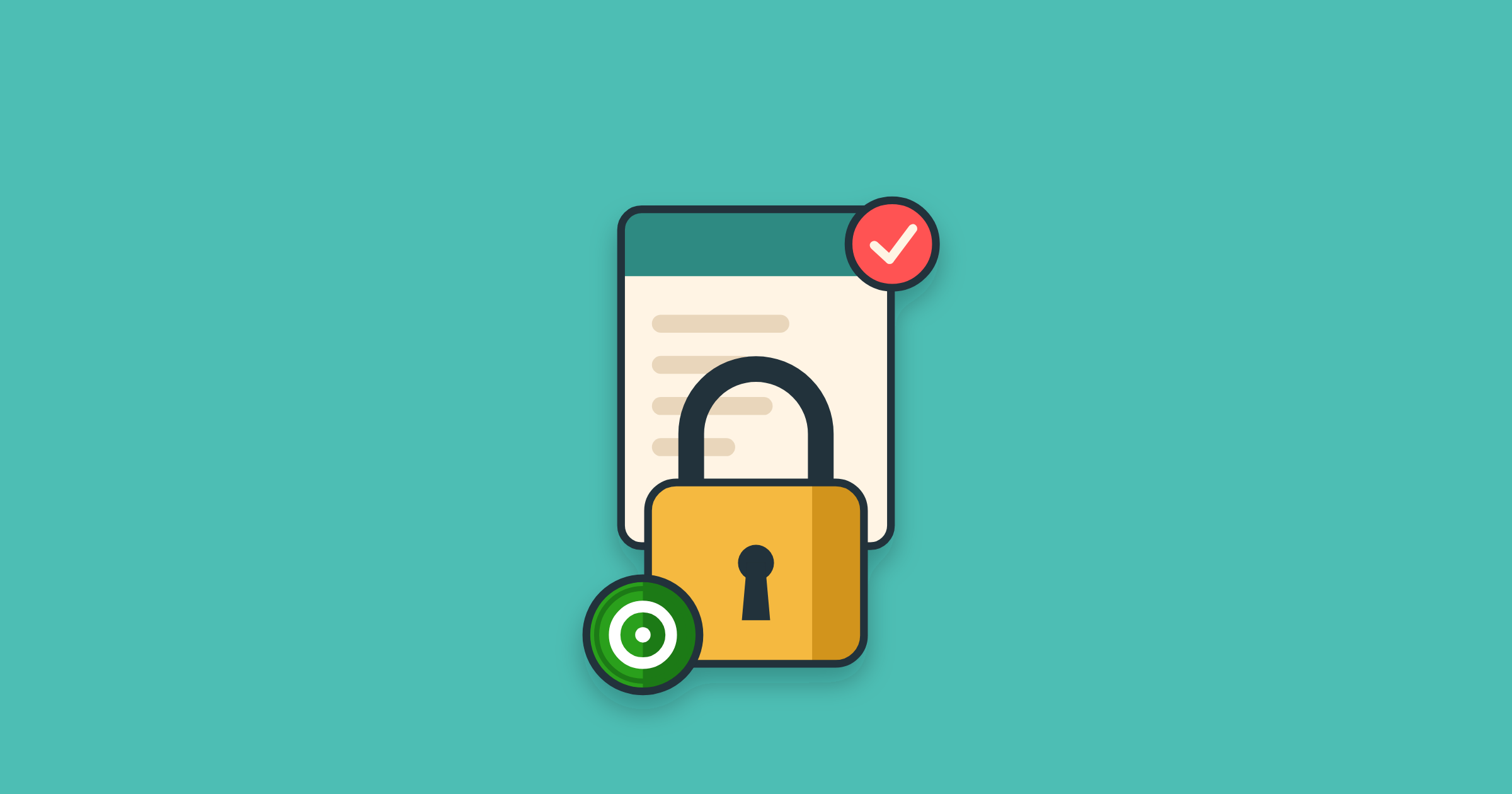 Illustration of a locked invoice with a QuickBooks partner coin and a coral tick, for a customer payment portal in QuickBooks