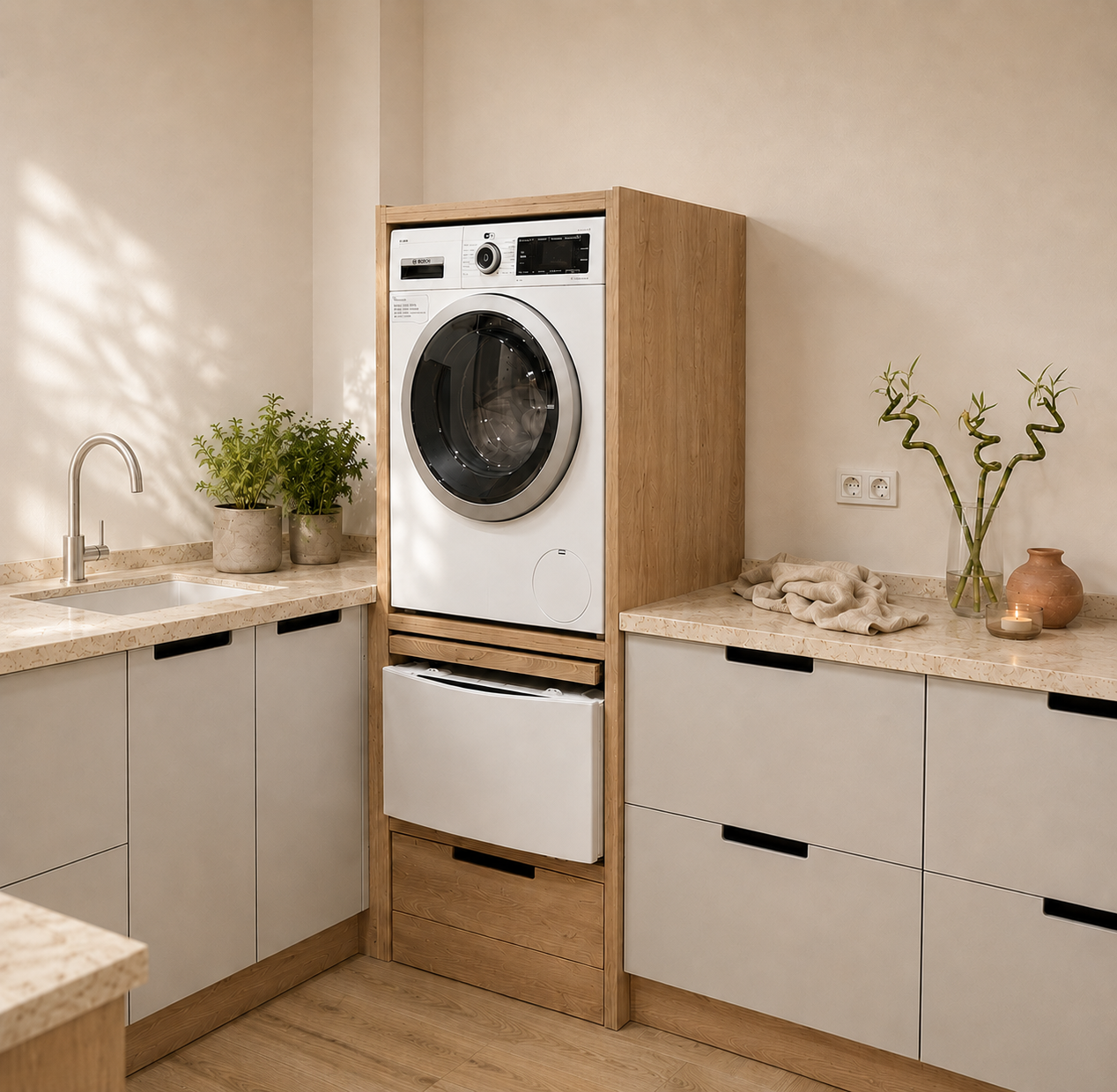 Modern laundry room with a front-load washer and wood-paneled cabinetry, decorated with plants and a candle.