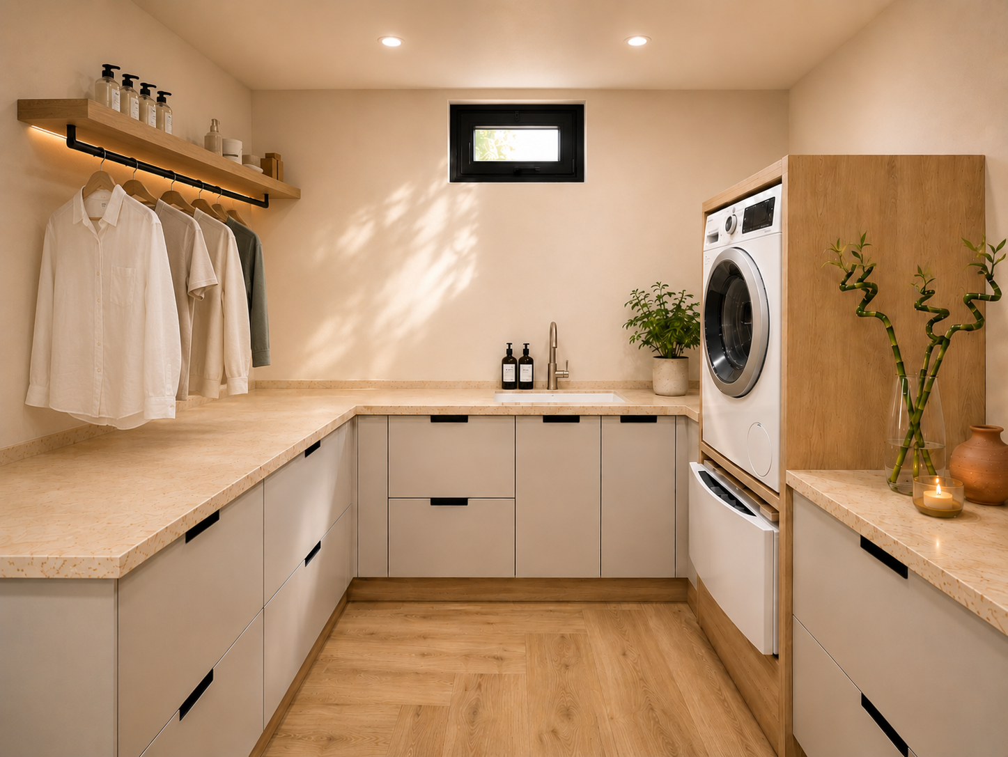 Modern laundry room with stacked washer dryer, beige counters, hanging clothes, plants, and wooden flooring.