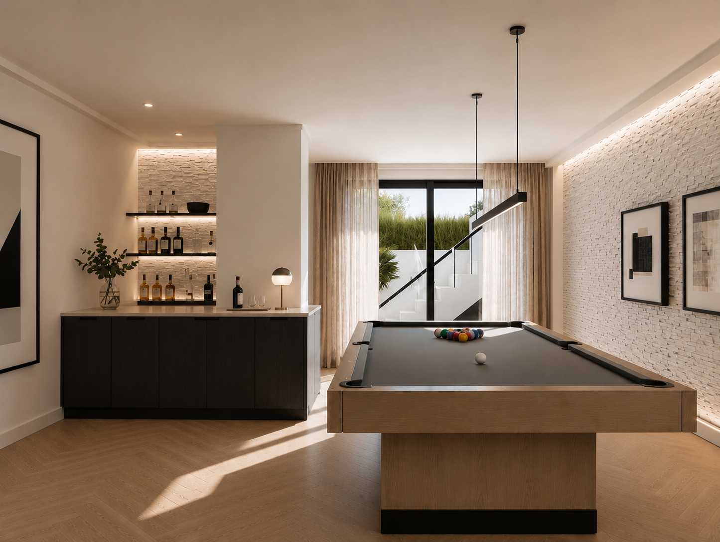 Modern game room with a wooden pool table, backlit shelves with bottles, and large window with curtains.