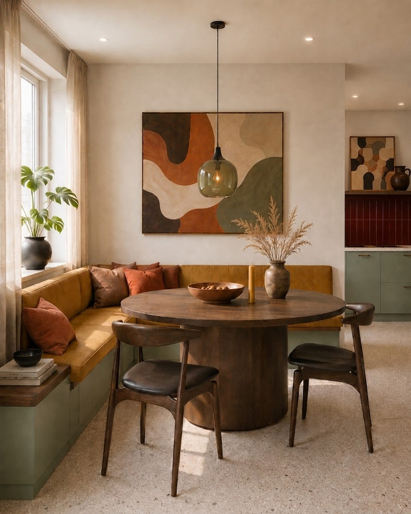 Cozy dining nook with round wooden table, two chairs, corner bench with cushions, pendant lamp, and plant.