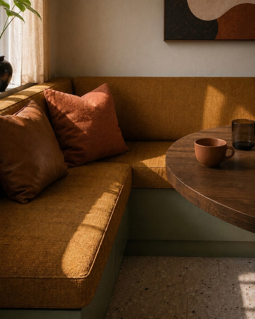 Cozy corner seating with brown cushions, a wooden round table, and warm natural light through a window.