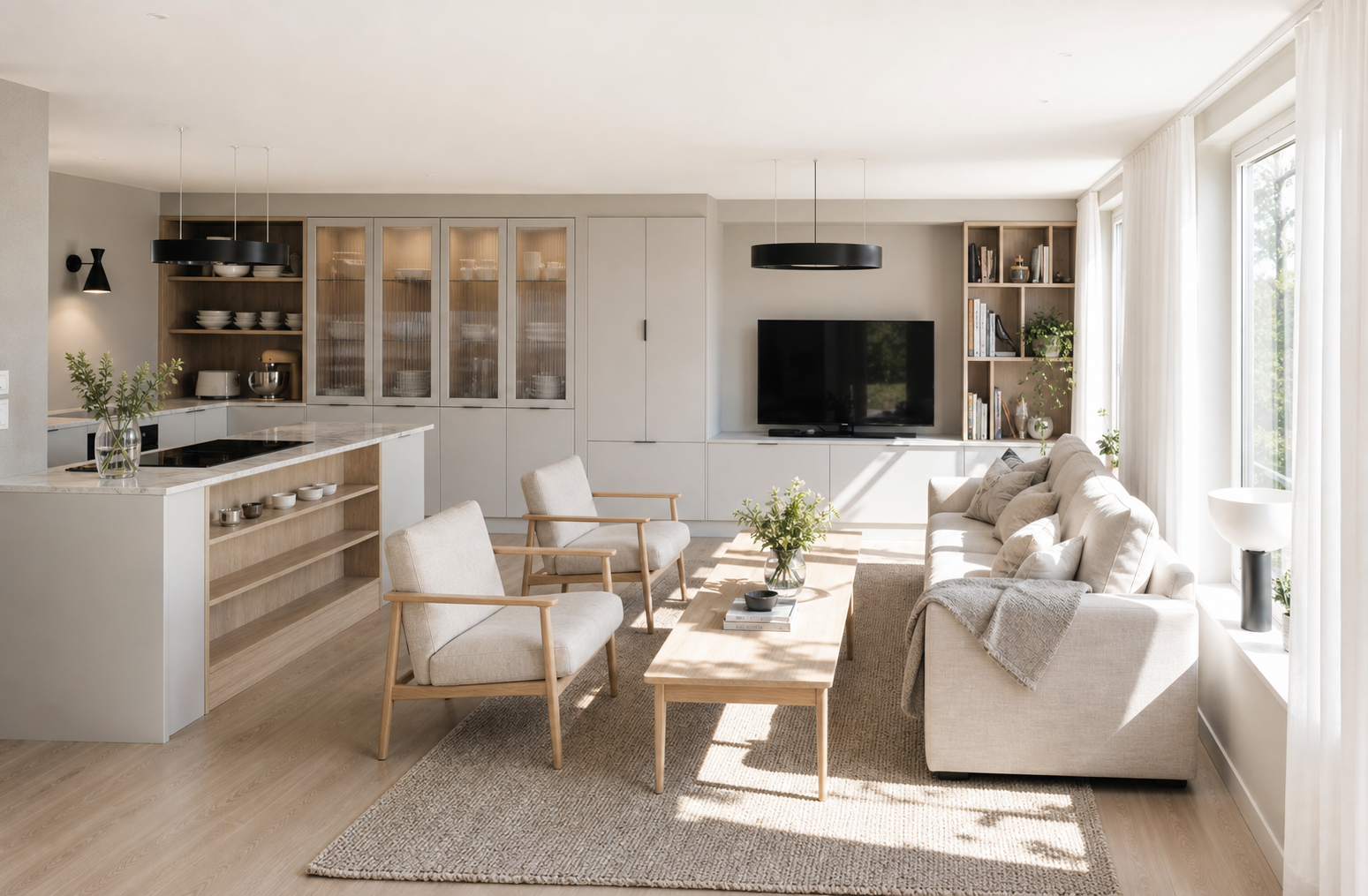 Bright living room with beige sofa, two armchairs, wooden coffee table, and TV with shelving units.