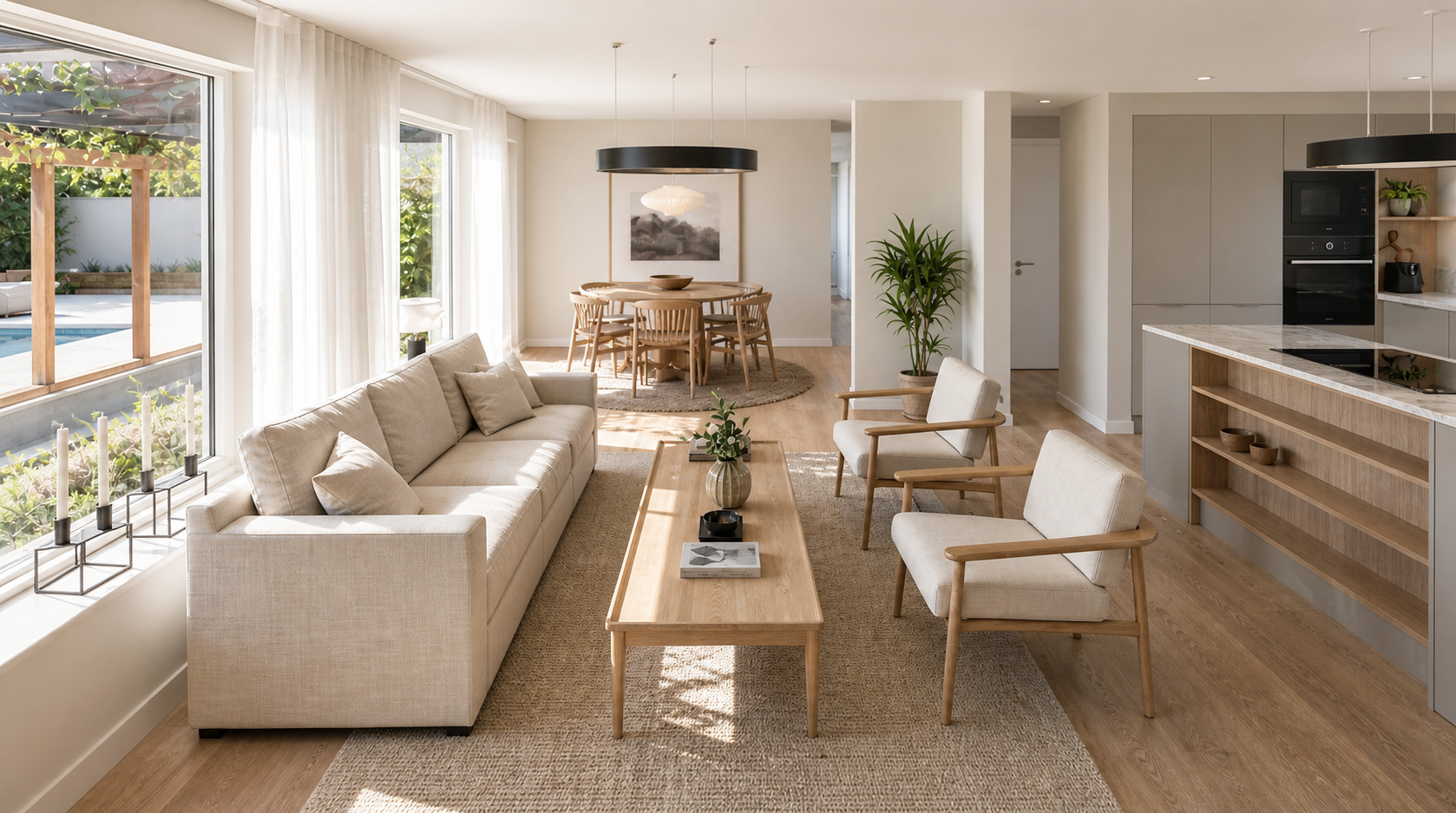 Bright open living room with beige sofa, two armchairs, wooden coffee table, dining area, and kitchen.