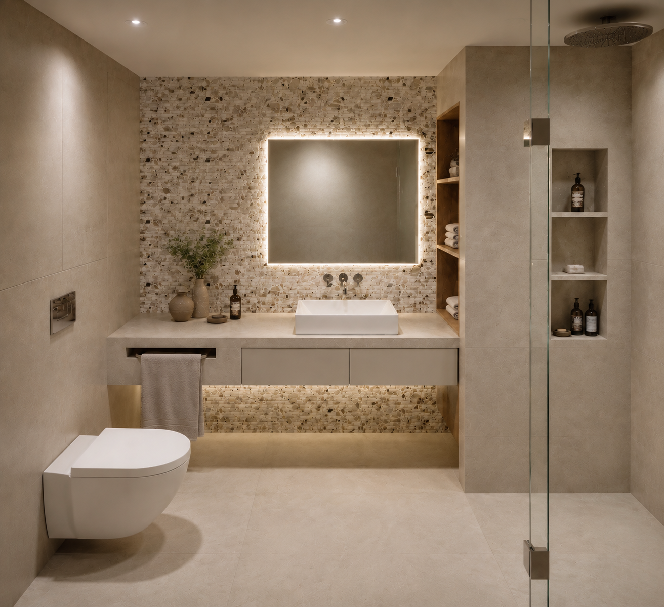 Modern beige bathroom with wall-mounted toilet, illuminated mirror, vessel sink, and glass-enclosed shower.