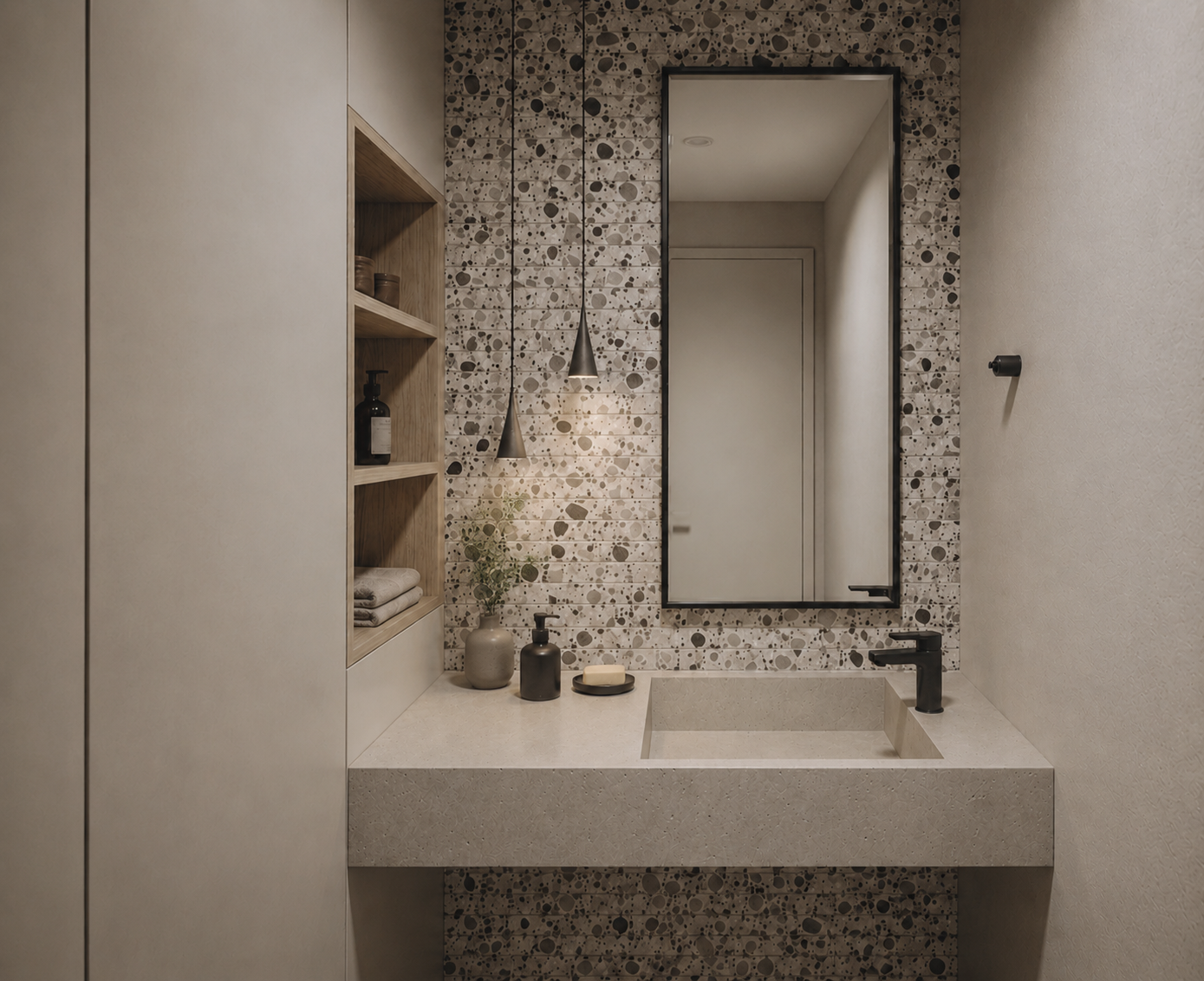 Modern bathroom sink with black faucet, speckled tile backsplash, mirror, shelves, and pendant lights.