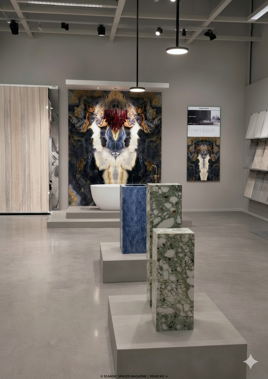 Modern showroom with a white bathtub, abstract wall art, three stone pedestal displays, and hanging lights.