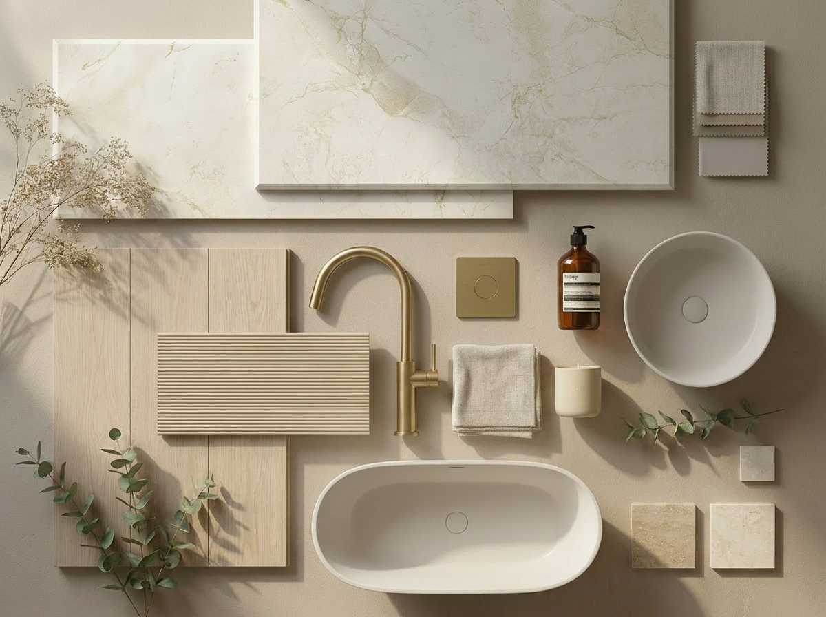 Neutral tone bathroom mood board with white sinks, gold faucet, natural wood, fabric samples, and greenery.