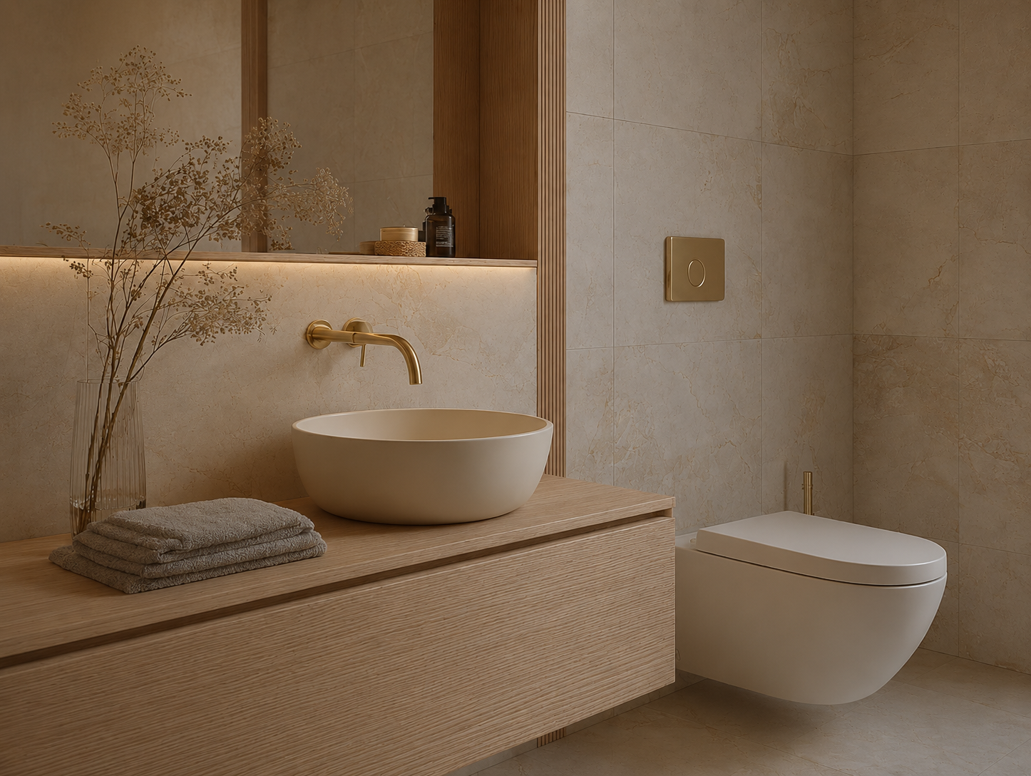 Modern bathroom with wooden vanity, round beige sink, gold faucet, wall-mounted toilet, and decorative dried flowers.