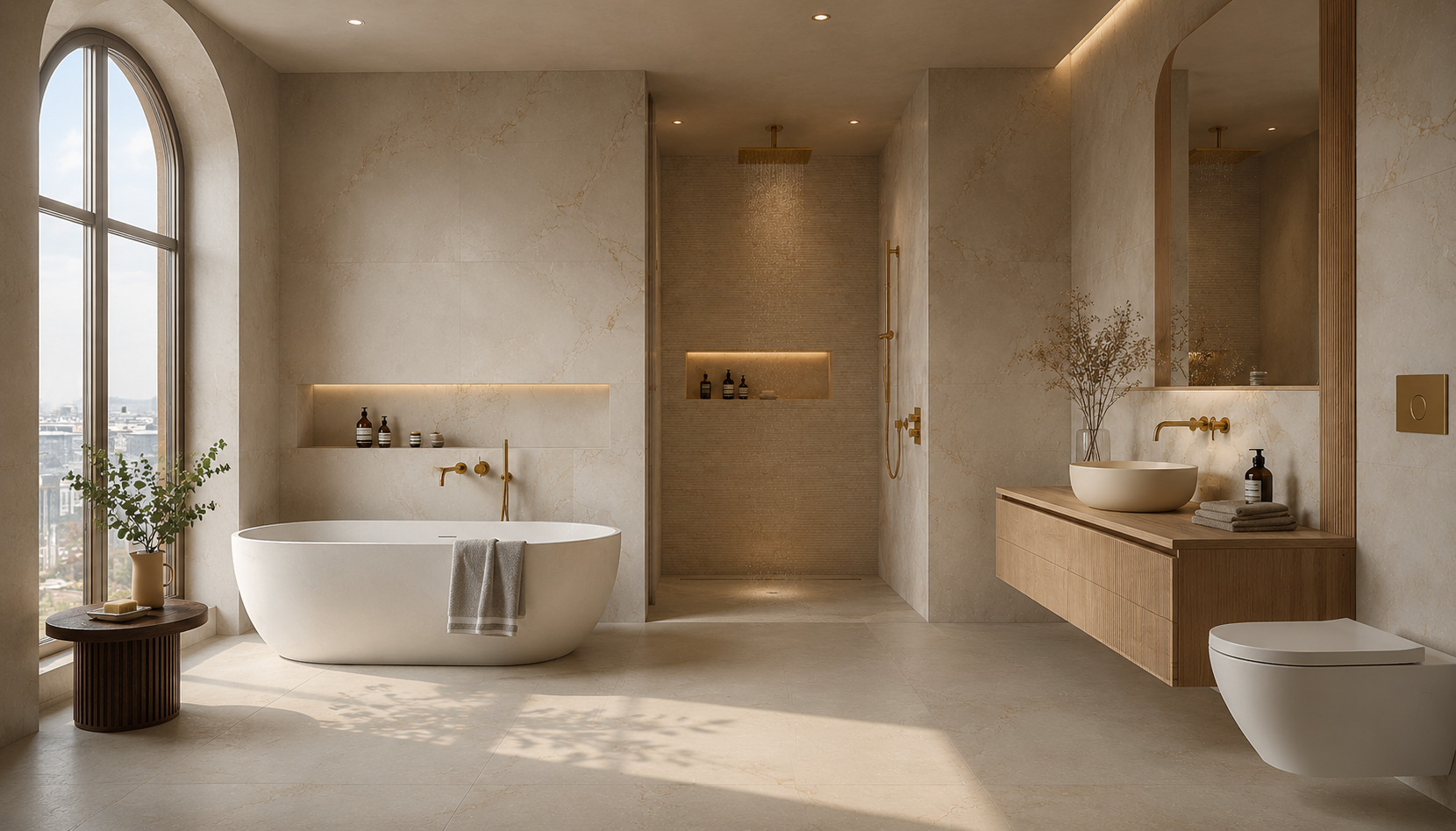 Modern bathroom with freestanding tub, walk-in shower, wooden vanity, large window, and beige tiles.