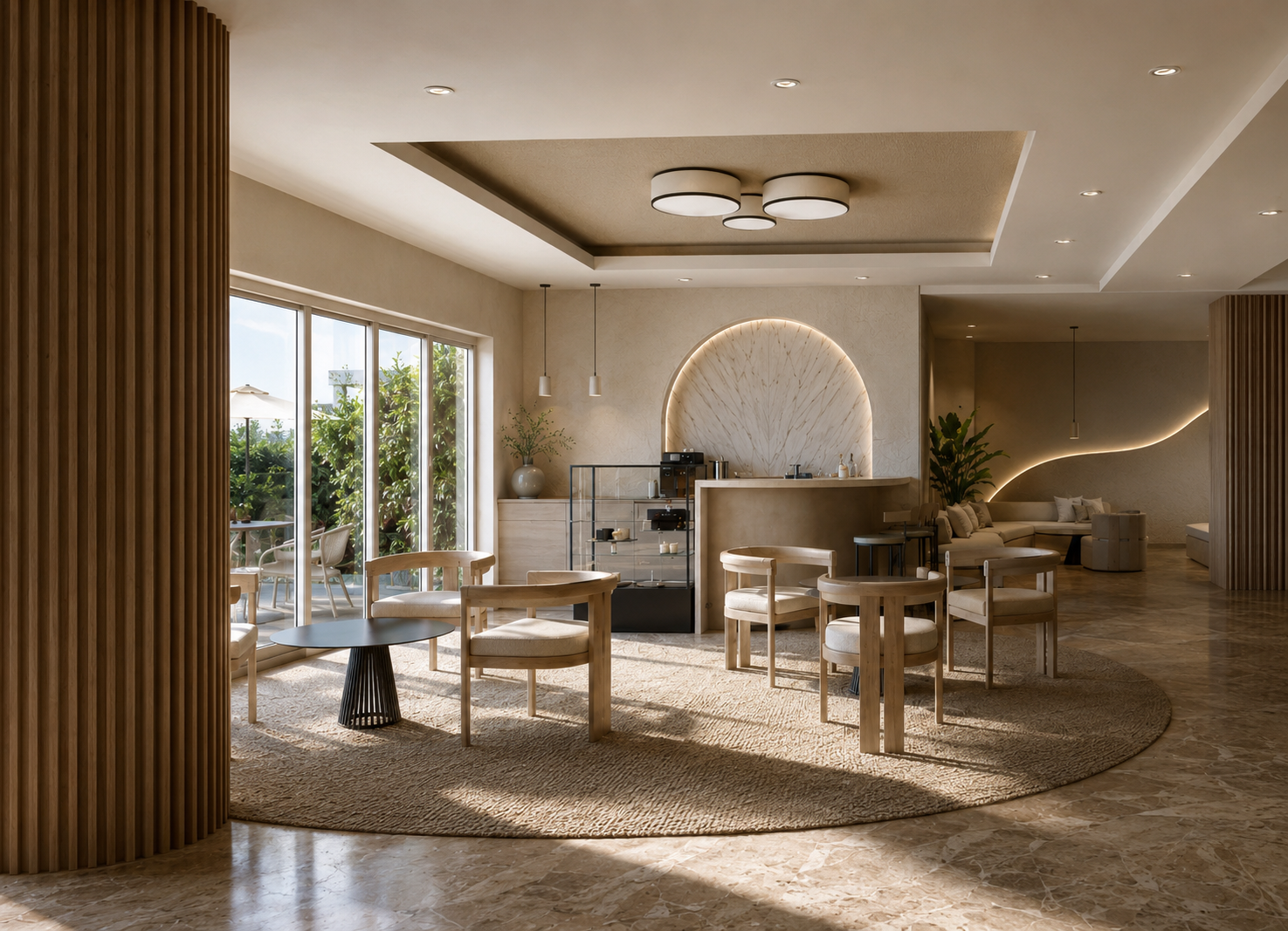 Modern lobby with wooden chairs around tables, a round rug, and a backlit counter under an arched niche.