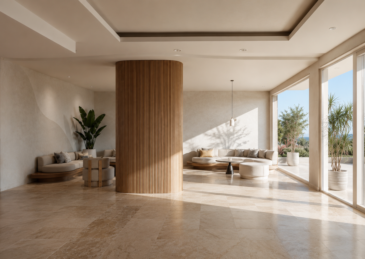 Modern spacious lobby with curved wooden pillar, beige sofas, large windows, and indoor plants.