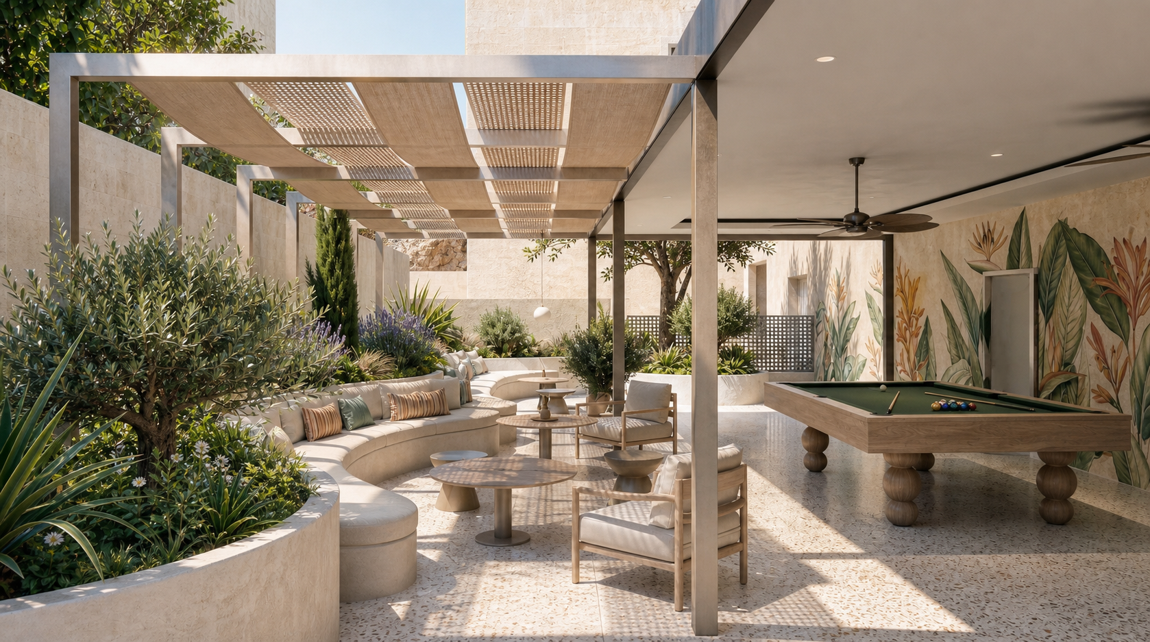 Outdoor seating area with curved sofas, tables, cushioned chairs, and a pool table under a pergola.