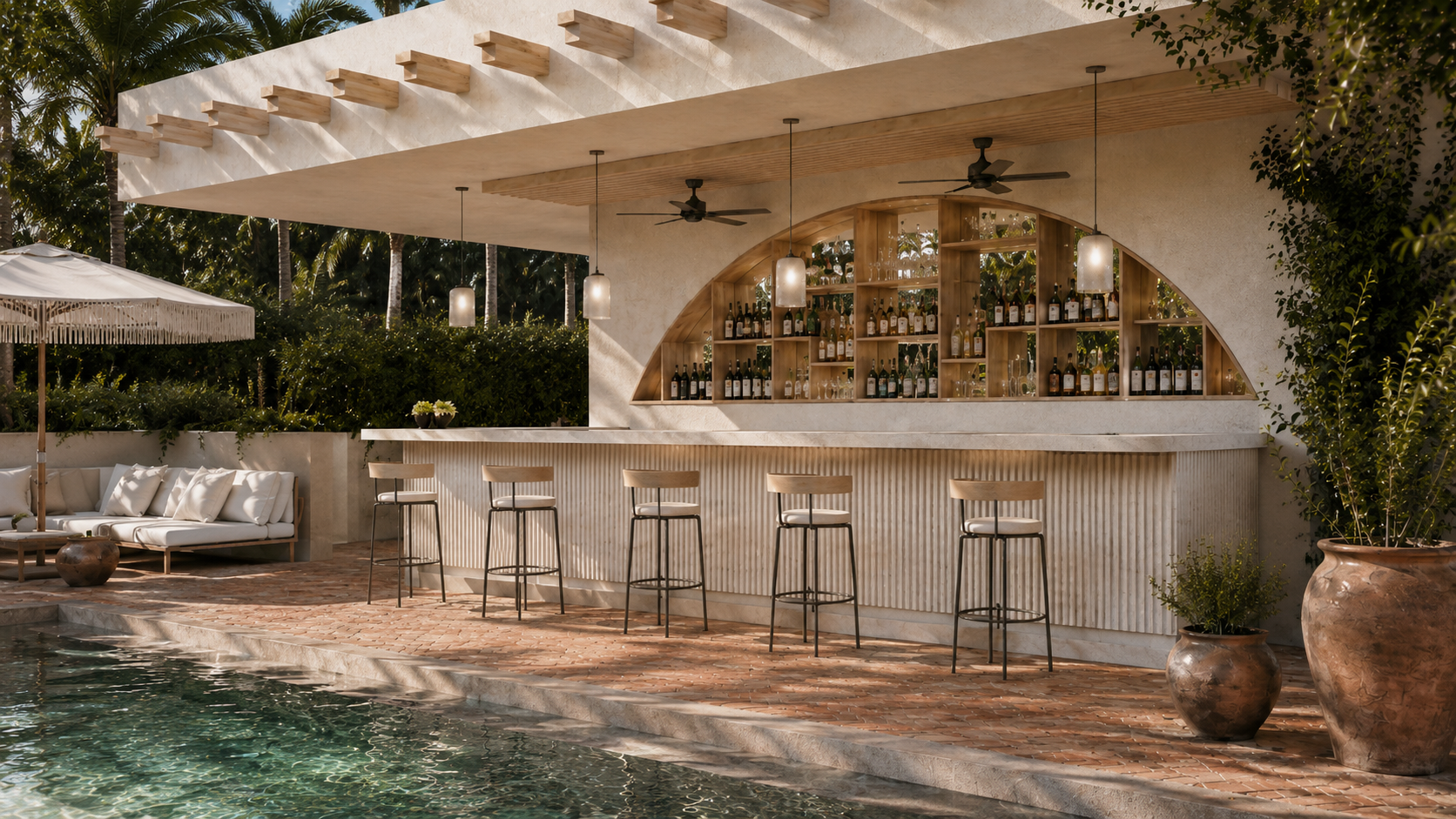 Outdoor poolside bar with five stools, pendant lights, liquor shelves, lounge seating, and large planters.