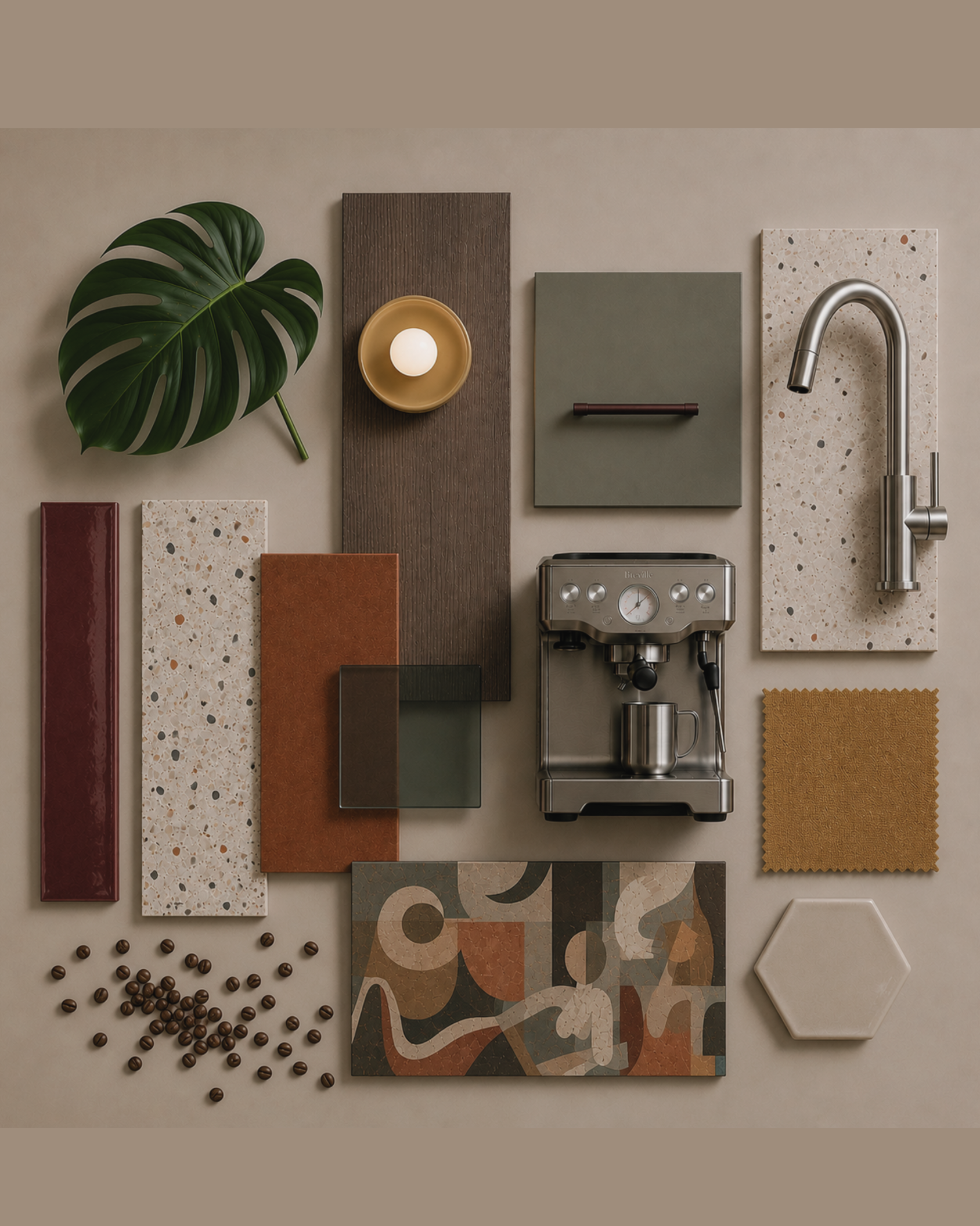 Flat lay of kitchen mood board with coffee machine, tiles, fabric, faucet, a leaf, and coffee beans.