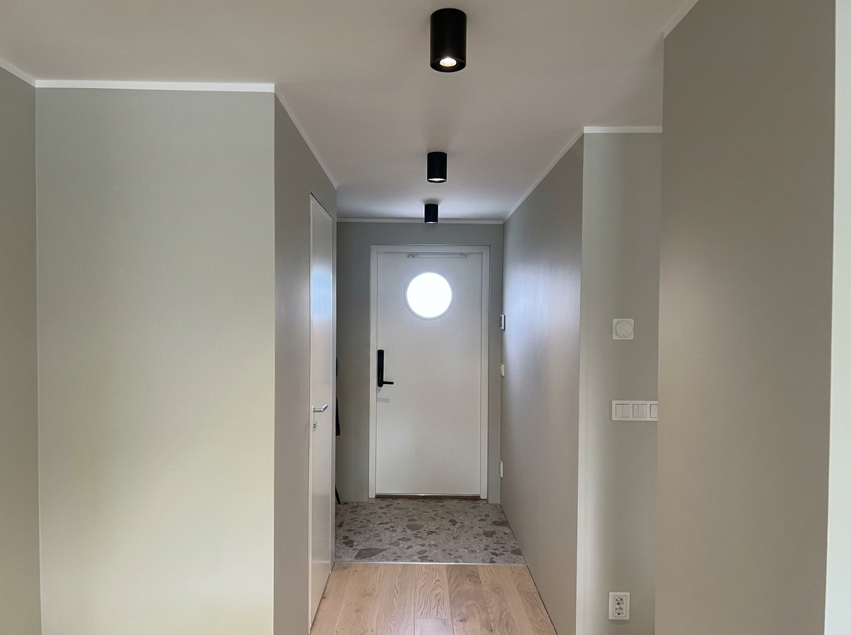 Minimalist hallway with light wood floor, gray walls, three ceiling lights, and white door with round window.