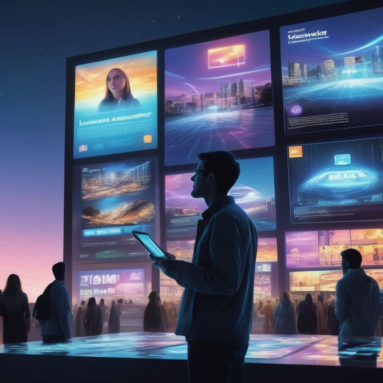 Marketer fine-tuning a control panel with targeted holographic ads in a dynamic digital marketplace.