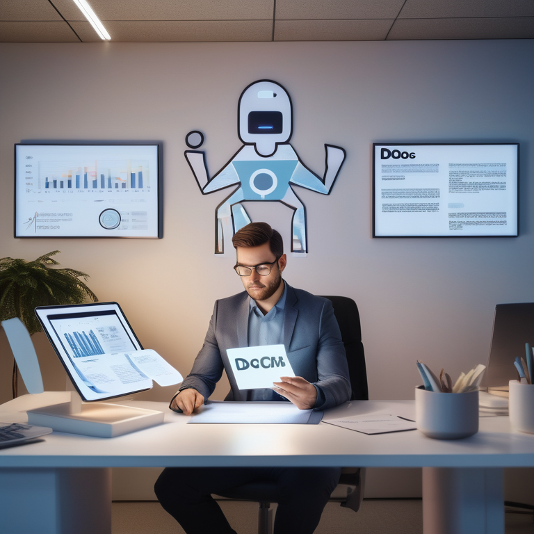 Figure with tablet displaying 'Docsumo' amid floating, symbolic paperwork in a modern office setting.