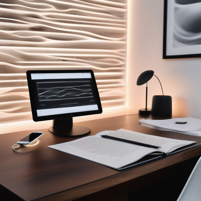 A transcription device on a desk with papers and headphones, digital sound waves in the background.