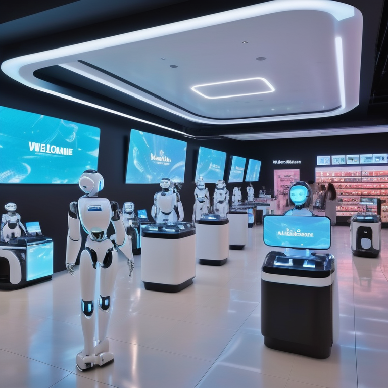 Futuristic retail store with AI robots, digital displays, and shoppers.