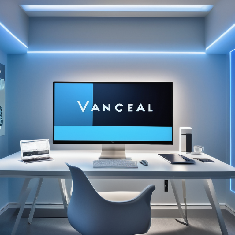 A modern workspace with a large screen displaying the VanceAI logo and an image transforming on a tablet.
