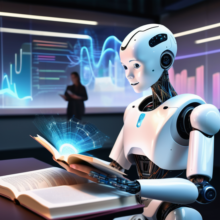 A robot transferring knowledge to a child through digital streams in a high-tech classroom.