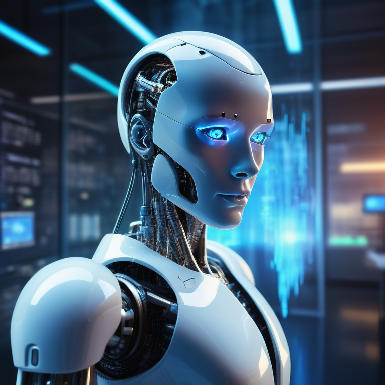 Humanoid robot coding on a holographic interface in a modern lab with data streams.