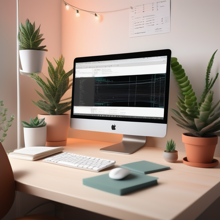Computer screen with Tailwind CSS code on a stylishly arranged desk with a plant and design sketches.