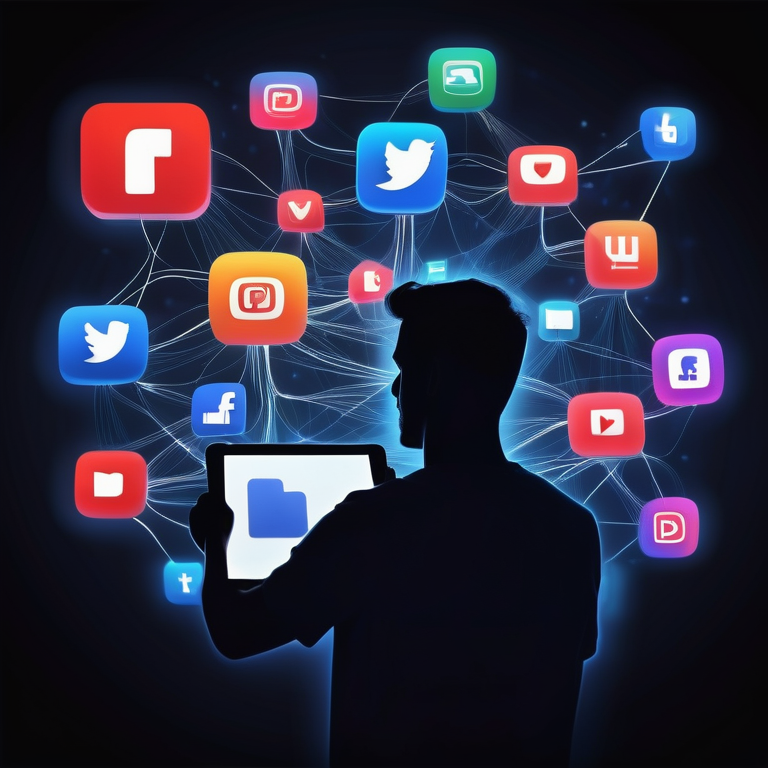 Silhouetted person with a tablet, surrounded by glowing social media icons, emphasizing YouTube and Facebook for targeted ads.