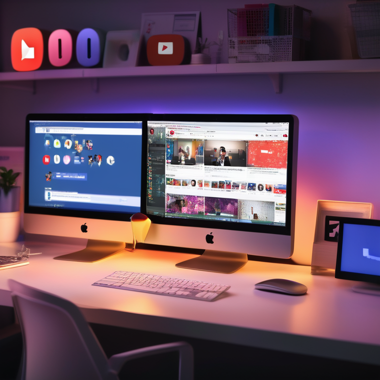A computer screen with a YouTube video and floating Facebook share icons in a well-lit workspace.
