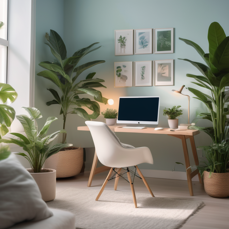 Content creator in a cozy home office enjoys ad-free YouTube videos on a modern computer.