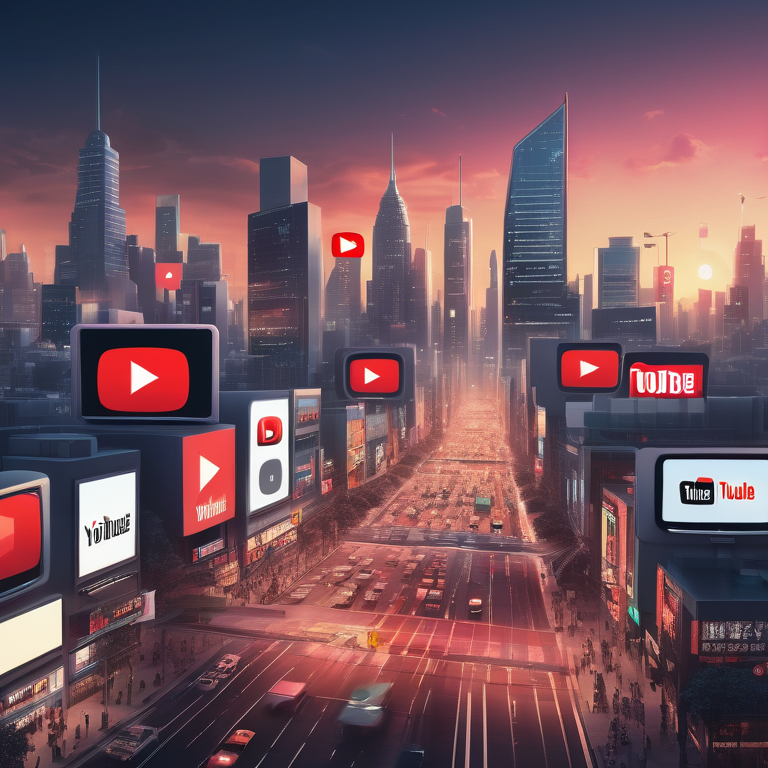 Digital marketers surrounded by YouTube branding and data analytics in a glowing futuristic city at dusk.