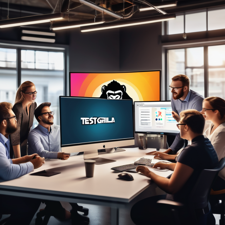A diverse team collaboratively discussing around a computer screen with TestGorilla's logo.