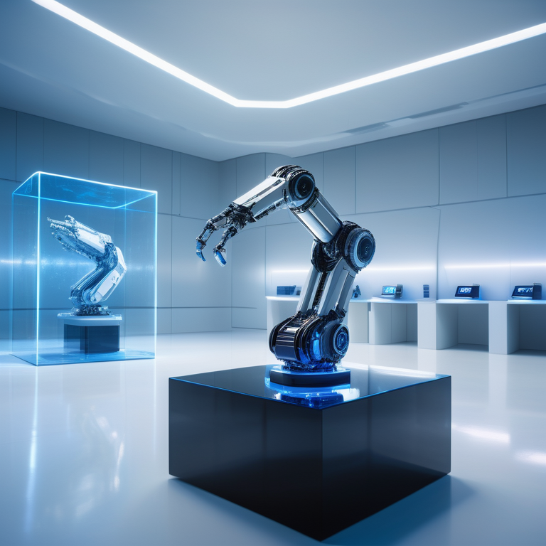 A robot arm examines a luminous cube in a high-tech laboratory setting.