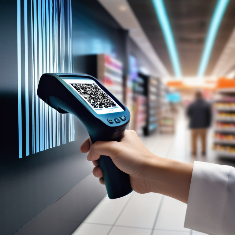 Person using an advanced barcode scanner on a digital barcode in a modern retail setting.