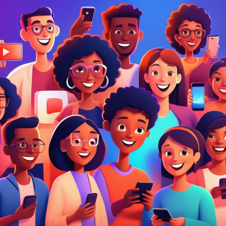 Cartoon-like people with devices focused on a luminous YouTube logo, conveying engagement and diversity.