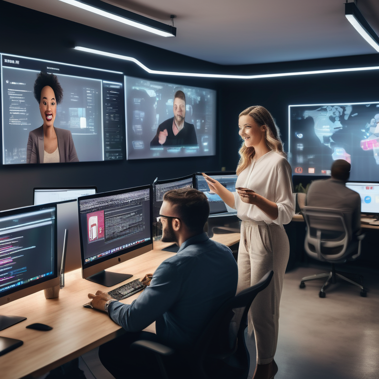 Digital marketing team collaborates on YouTube ad strategies, with brand logos holographically displayed above.