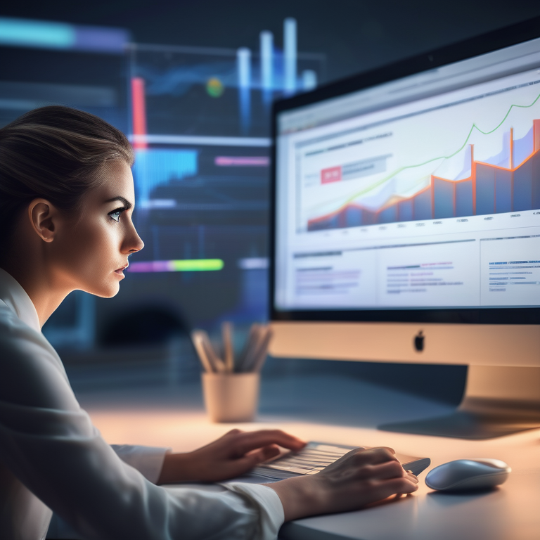 Marketer analyzing YouTube ad performance charts on a computer in a dimly lit office.