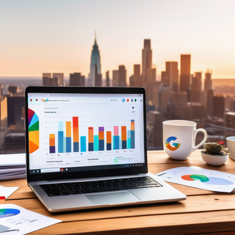 Laptop with statistics on the screen, enveloped by email symbols and the Google logo, implying marketing success.