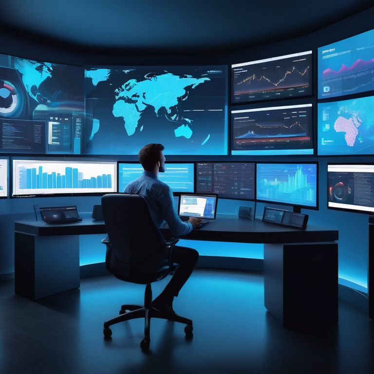 Marketer analyzes YouTube ad placements on screens in a futuristic command center.