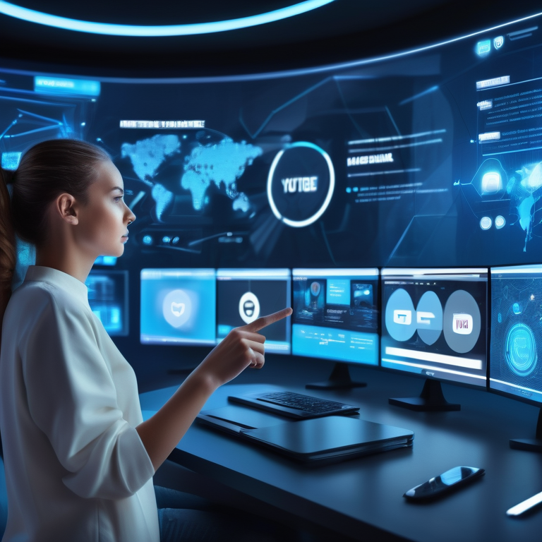 A marketer adjusts YouTube retargeting ads on a holographic interface surrounded by analytics charts.