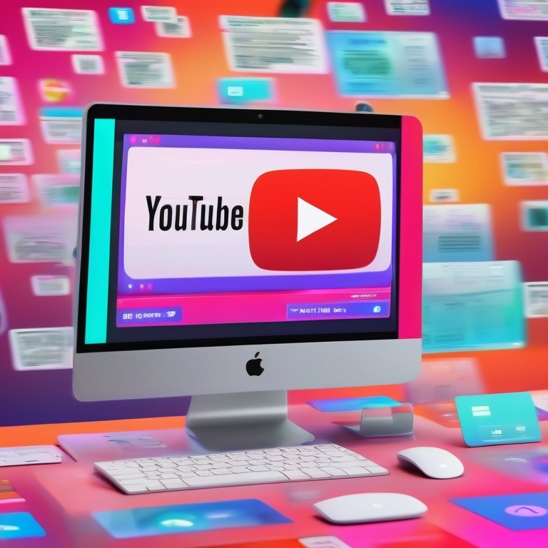 A collage featuring a computer with colorful YouTube display ads and interactive icons.