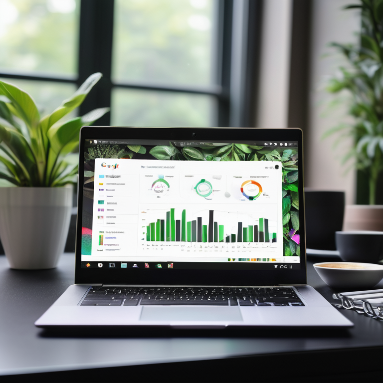 A laptop displaying Google KW Planner graphs, a planner, and coffee on a desk with plants in the background.