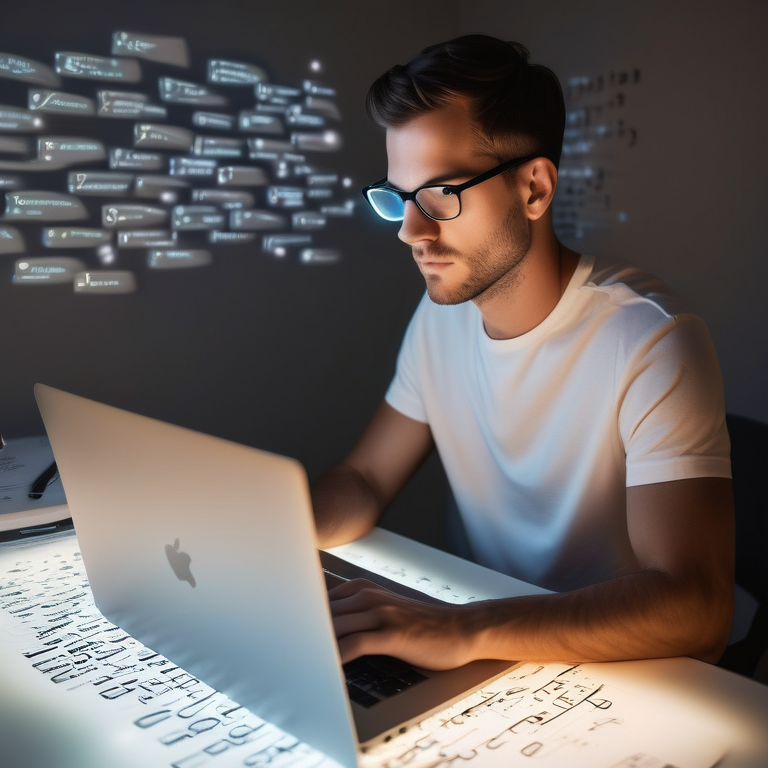 Person at desk with laptop surrounded by glowing keywords, conveying focused keyword research.