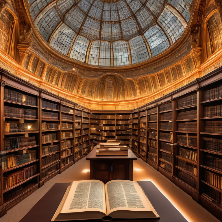 Magnifying glass highlighting "SEO Keywords" in a library filled with marketing books.