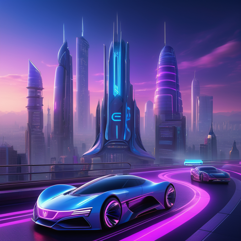 Twilight cityscape with glowing skyscrapers, aerial vehicles, and central tower displaying "Master Vatis Tech" emblem.